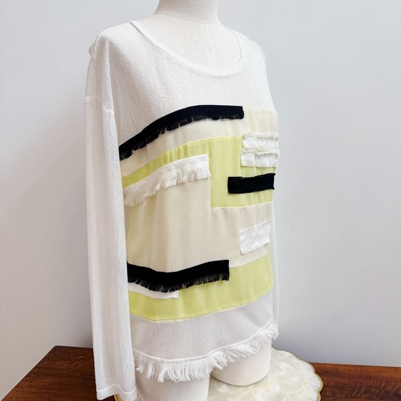 Altamira Milano White Yellow Black Fringe Mesh Long Sleeve Top M/L NEW - Picture 1 of 16